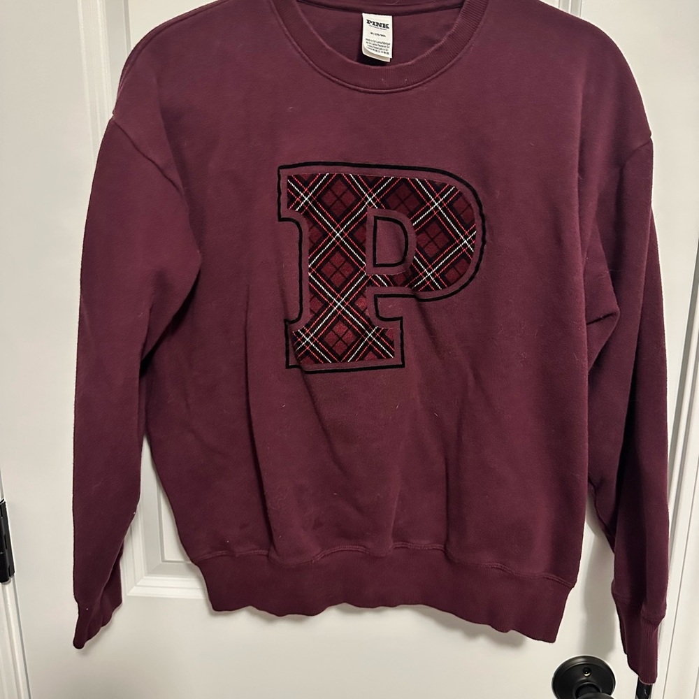 PINK Victoria's Secret Burgundy Crewneck Sweatshirt with plaid ‘P’